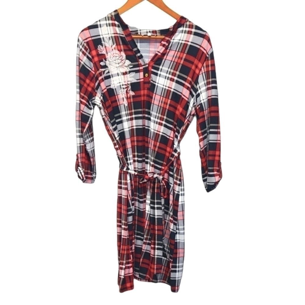 Plaid Floral Tie Up Front Midi Dress size Large